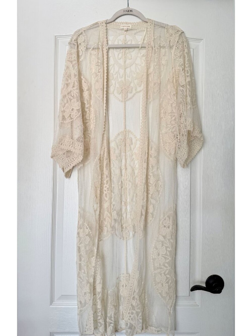 Boho - Ivory Open-knit Crochet with Lace Long Cardigan - XL